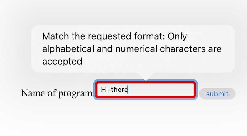 A screenshot of Safari on iOS.  The error message says 'Match the requested format: Only alphabetical and numerical characters are accepted'